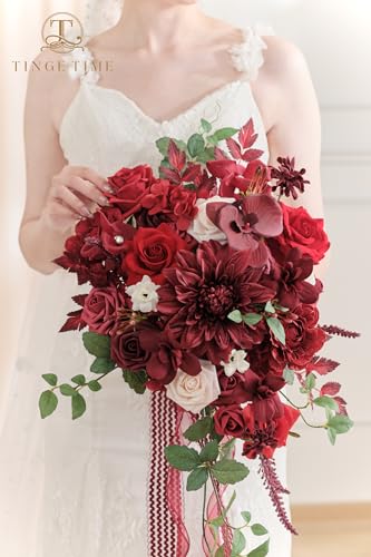 TINGE TIME 15 Inch Artificial Wedding Bouquets for Bride, Cascading Bouquet Wedding Bride Holding Flowers for Wedding Ceremony Anniversary, Bridal Shower and Party (Burgundy Red) - color: Burgundy Red