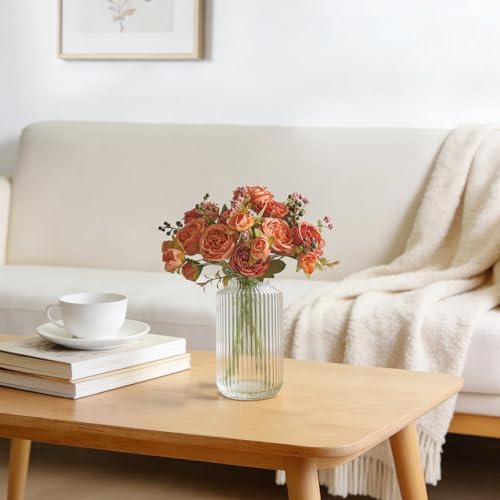 Mkono Peonies Artificial Flowers, Small Silk Flowers for Home Decor Indoor Fake Bouquet Faux Floral Arrangements Dining Table Centerpieces for Kitchen Party Decor - color: Orange