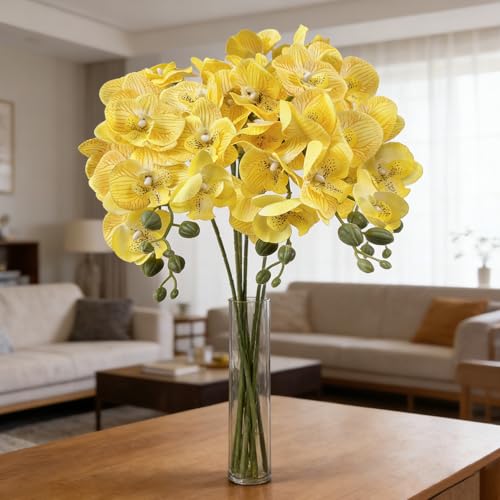 HCTCPALS Artificial Flowers for Outdoors 6 Pcs Orchids Plant Realistic Silk Fake Flowers for UV Resistant Faux Plants Outdoor Indoor Outside Front Porch Hanging Planter Decoration-38" Yellow - color: Orchid Yellow
