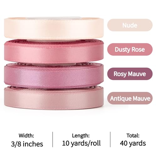 Mauproy 3/8 Inch Dusty Rose Satin Ribbon, 4 Rolls Total 40 Yards, Double Faced Mixed Rose Thin Fabric Ribbon for Gift Wrapping, Flower Bouquets, Wedding, Graduation Decorations - color: Dusty Rose