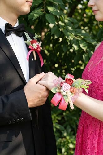 Blush Hot Pink Corsage and Boutonniere Set Wrist Corsage Wristlet for Prom Groom Flower Boutonniere for Men Wedding Party Homecoming Accessories Suit - color: Blush Hot Pink