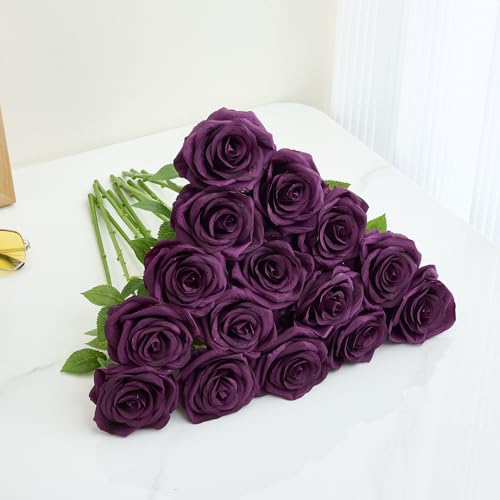 15pcs Fake Roses Artificial Silk Flowers Faux Rose Flower Long Stems Bouquet for Arrangement Wedding Centerpiece Party Home Kitchen Decor - color: 15pcs Plum