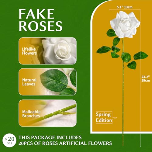 Artificial Flowers Artificial Roses Fake Roses 23.2In Long Stem Artificial Flowers for Tall Vase Silk Rose 20PCS Suitable for Wedding Party Decor Valentine's Day DIY Bouquet Spring,White - color: White