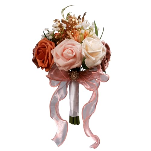LEIFENY Wedding Bouquets for Bride, Pink & Champagne Bridal Bridesmaid Flower with Silk Ribbon, Artificial Toss Rose for Civil Ceremony - color: Pink & Champagen White