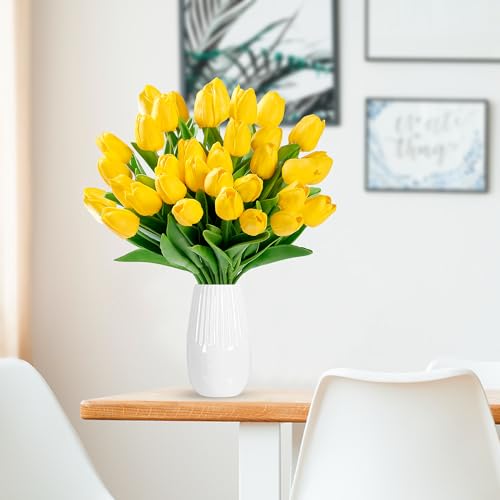 Sggvecsy 30 Pcs Fake Tulips Artificial Flowers Real Touch PU Faux Flowers Tulip Stems for Wedding Spring Bouquet Floral Arrangement Home Party Office Decorations for Mother's Day (Dark Yellow) - color: Dark Yellow, size: 30 Pcs