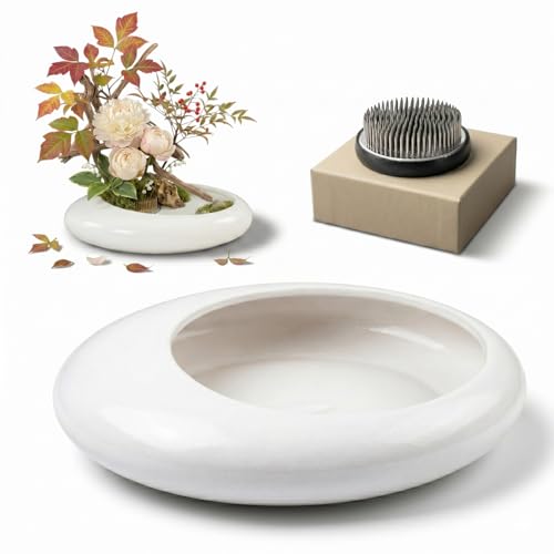 Ikebana Bowl Kit - Ikebana Vase (Japanese Flower Bowl Vase) with 2.4'' Floral Frog, Ikebana Set for Japanese Flower Arrangement (White, 2.4'' Floral Frog Included) - color: White, size: 2.4'' Floral Frog Included