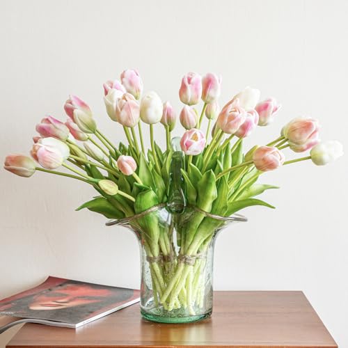 DUYONE 40pcs Artificial Tulips Flowers,Soft Touch Latex Bouquet,Fake Tulips for Office Wedding Party Home Kitchen Garden Decoration - color: 40pcs Peach Pink Set (No Vase)