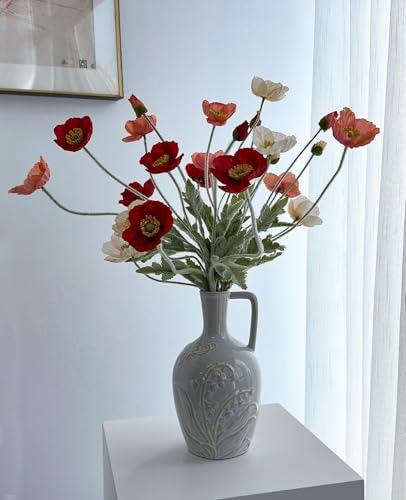 Set of 6 Red Coral Pink and Champagne Mixed Poppy Flowers Artificial, Silk Flowers with Stems for Vase for Wedding Party Home Office Indoor Kitchen Dining Table Centerpiece Decoration - color: Red Coral Champagne