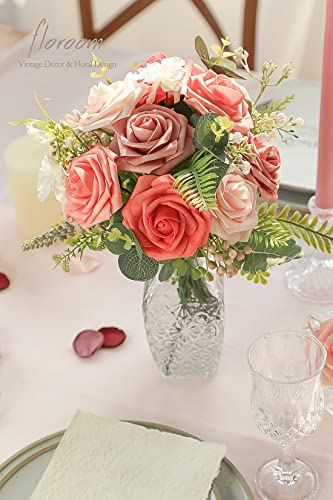 Floroom Artificial Flowers 25pcs Real Looking Coral Ombre Colors Foam Fake Roses with Stems for DIY Wedding Bouquets Bridal Shower Centerpieces Floral Arrangements Party Tables Home Decorations - color: Shades of Coral