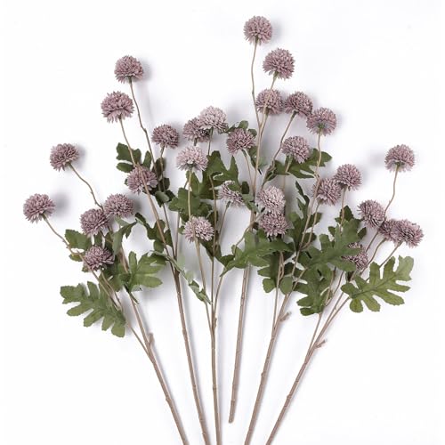 mizii 6Pcs Fake Silk Pompon Mum Artificial Flowers Bulk Small Faux Chrysanthemums with Stems Realistic Floral Decorations for Wedding DIY Bouquet Centerpieces Shower Vase Home Decor (Gray Purple) - color: Gray Purple
