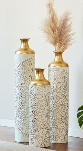 Tall Floor Vases Set of 3 for Decor Living Room Floor, White and Gold Vases Home Decor, Embossed Body Pattern, 33.07" H/29.13" H/24.4" H Geometric Cylinder (White 2) - color: White 2