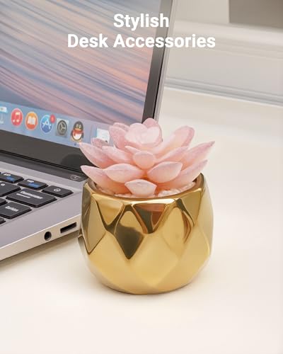 VIVERIE Mini Succulents Plants Artificial in Pots-Pink Succulents with Golden Ceramic, Small Fake Succulents for Home Decor Indoor for Women, White Ceramic Faux Succulents, Gifts for Mom-1 Pack - color: Golden-1 Pack