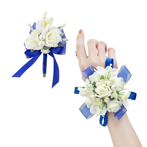 Royal Blue Rose Corsage and Boutonniere Set, Prom Flower Wrist Corsage Wristlet Band Bracelet, Boutonniere for Men White Wedding Flowers Accessories Prom Suit Decorations - color: Royal Blue
