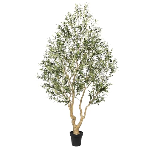 FEELEAD Faux Olive Tree 8ft, Tall Olive Trees Artificial Indoor with Natural Looking Trunk and Lifelike Fruits, Large Fake Olive Tree for Modern Home Office Decor - size: 8ft