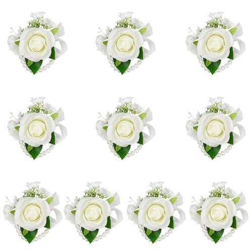 10 Pcs Ivory White Rose Wrist Corsages for Wedding Prom Party | Bride Bridesmaids Corsages, Pearls Wrist Flower for Prom Homecoming Party, Wrist Corsage for Mother of Bride and Groom - color: White Wrist Corsage 10pcs