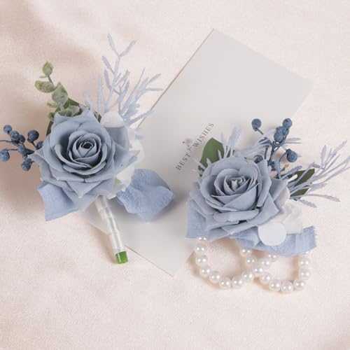 Alizeal 2Pcs of Wrist Corsage and Boutonniere Set, Artificial Flowers Accessories Suit Decor for Wedding Prom Party Homecoming Ceremony, Haze Blue - color: 701-haze Blue