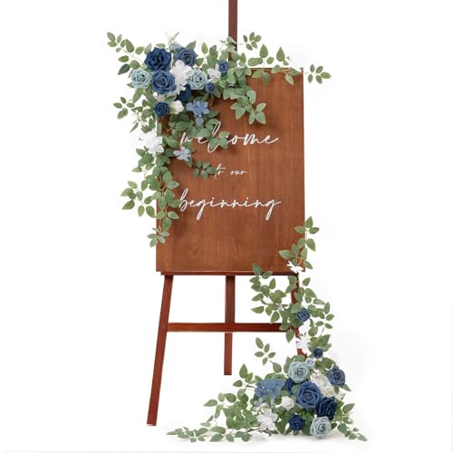 Ling's moment 2pcs Wedding Flowers Garland Artificial Floral Swag Arch Decorations Rose Greenery Arrangements Dusty Blue & Navy Ceremony Reception Garden Easel Wall Entryway Outdoor (NOT Include Sign - color: Dusty Blue & Navy