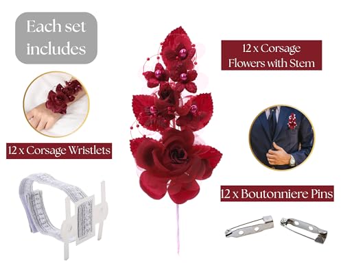 Set of 12 Artificial Silk Organza Craft Rose Flower, 12 Corsage Wristlet, 12 Pin Back DIY Boutonnieres for Wedding, Bridesmaids, Groomsmen, Quinceanera, Prom, Sweet 16 (Burgundy) - color: Burgundy