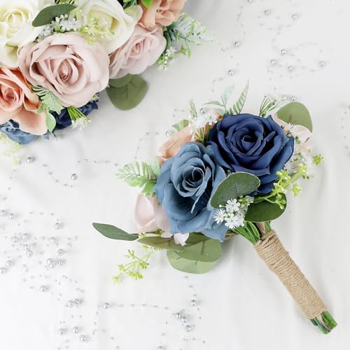 Set of 4 Bridesmaid Bouquets for Wedding - 7 Inch Artificial Flowers Bouquets for Ceremony Anniversary Centerpieces Decorations - Navy & Dusty - color: Navy & Dusty, size: Set of 4 Bridesmaid Bouquets