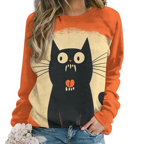 domirica Halloween Sweatshirts for Women Black Cat Print Pullover Crewneck Oversized 2024 Fall Fashion Casual Warm Shirt - color: Ah, size: Large