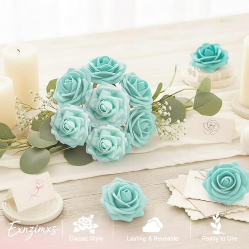 Artificial Flowers, 25pcs Real Looking Teal Green Foam Fake Roses with Stems for DIY Wedding Bouquets Baby Shower Centerpieces, Artificial Rose for Cake Flowers Party Table Home Decorations - color: Teal