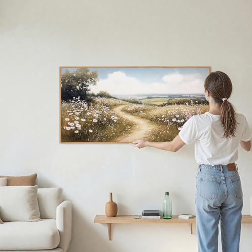 Rantodecor Rustic French Country Framed Canvas Wall Art, Vintage Flower Field Wall Decor, Calming Nature Landscape Art Paintings, Modern Wildflower Artwork for Farmhouse Bedroom Living Room 40"x20" - color: Rustic French Country, size: 40"L x 20"W