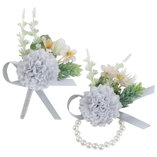 Alizeal 2Pcs of Wrist Corsage and Boutonniere Set, Artificial Flowers Accessories Suit Decor for Wedding Prom Party Homecoming Ceremony, Blue Gray - color: Blue Gray