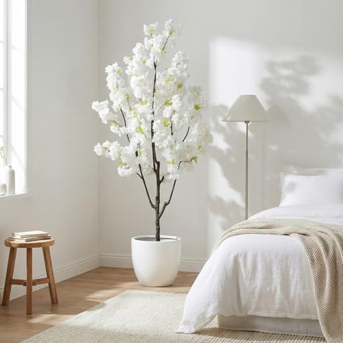 Indoor Cherry Blossoms Tree White Artificial Cherry Blossom Tree 6FT Faux Bedroom Trees for Home Christmas New Year Decor - color: White-ap24