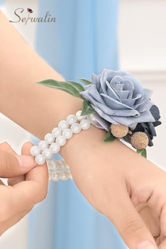 Serwalin 6Pcs Blue Corsage Wristlet for Wedding, Corsages Wristlet for Bridesmaid Mother Grandmother, Artificial Flowers for Prom Ceremony Anniversary - color: Dusty Blue, size: Corsage 6pcs