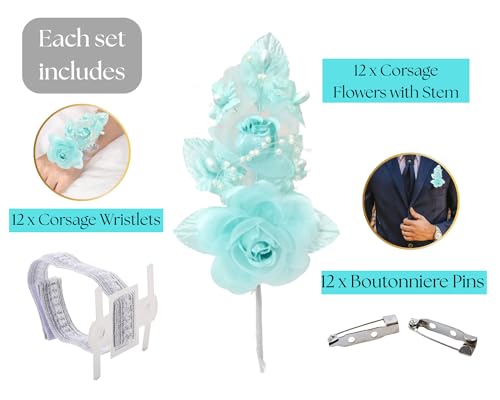 Set of 12 Artificial Silk Organza Craft Rose Flower, 12 Corsage Wristlet, 12 Pin Back DIY Boutonnieres for Wedding, Bridesmaids, Groomsmen, Quinceanera, Prom, Sweet 16 (Aqua) - color: Aqua