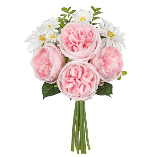 GnFlus Artificial Peony Flower Stems 11pcs Pink Faux Peonies & Daisies Silk Flowers 14.5" Fake Flowers for Vase Centerpiece Wedding Party Home Decor DIY Bridal Bouquet - color: Peony, Pink, size: 1 Pack