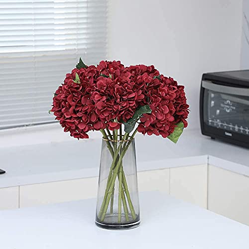 6 Pack Burgundy Red Faux Hydrangea Flowers, Silk Artificial Fake Hydrangea Stems for Wedding Centerpieces, Home Table Decor & Baby Shower Arrangement - color: Burgundy Red