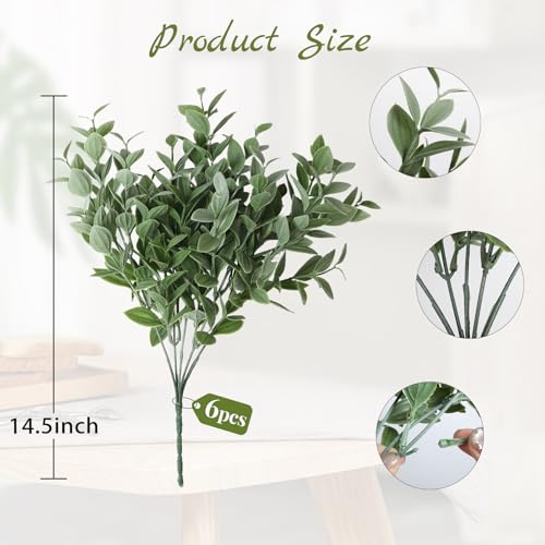 6 Bundles Artificial Greenery Stems, 14.5" Fake Lucky Bamboo Leaves Faux Outdoor Plants UV Resistant Plastic Shrubs for Outside Home Room Garden Patio Front Porch Farmhouse Pathway Indoor Decorations - color: Green