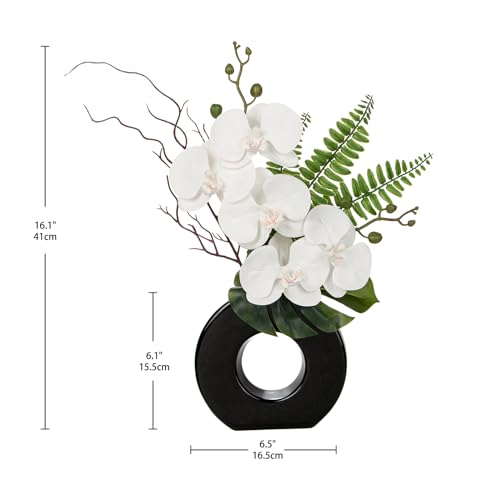 Briful Orchid Fake Flowers 16.1'' White Artificial Orchid Silk Flowers in Black Pot Faux Orchid Arrangement for Home Office Desk Modern Decoration - color: White#1