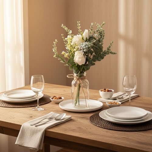 Artificial White Rose Flowers with Glass Vase, Faux Eucalyptus Stems and Berry Bouquet, Silk Floral Arrangement for Home Table Decor, Farmhouse Wedding Centerpieces, Office Shelf Decorations