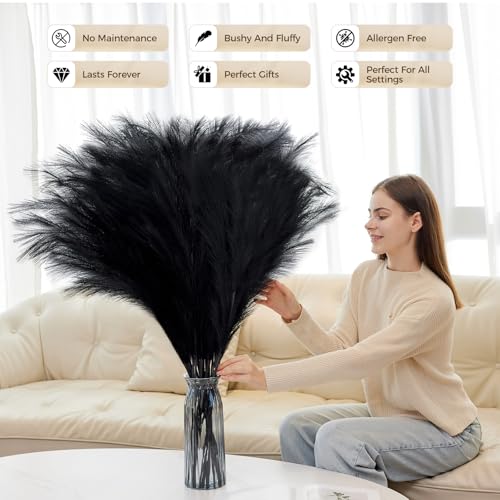 10 Pcs 39''/3.2FT Black Pampas Grass Large Tall Fluffy Artificial Fake Flower for Bedroom Boho Decor Floor Vase Filler Farmhouse Home Wedding Decor - color: Black