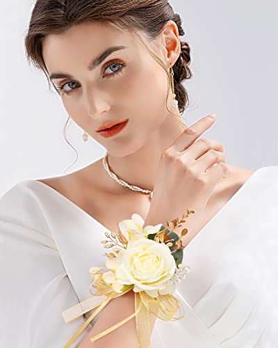 Rose Wrist Corsage and Boutonniere Set Artificial Corsage Wristlet Bracelet for Wedding Decorations Prom Ceremony Accessories (2pcs, Champagne)