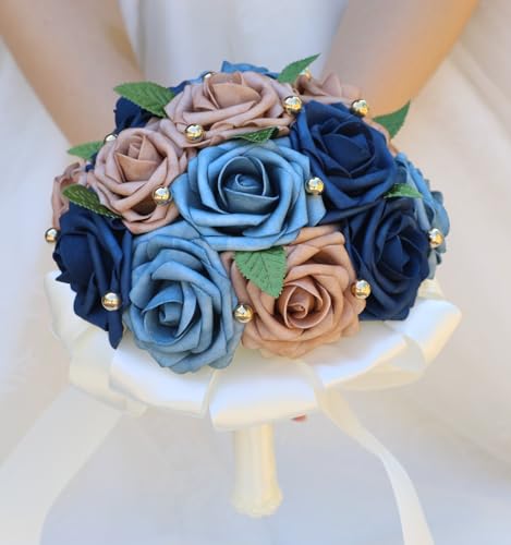 Handmade Wedding Bouquet Artificial PE Rose Bridal Bridesmaid Bouquet with Soft Ribbons Wedding Hand Holding Bouquet Artificial Fake Flowers Toss Bouquet(B-Blue & Navy Blue & Pink, 6.7"/17cm) - color: B-blue & Navy Blue & Pink, size: 6.7"/17cm