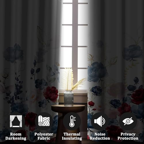 Renaiss Floral Blackout Curtains Watercolor Gray Blue and Red Peony Flower Bloossom Thermal Insulated Window Drapes for Bedroom 29W x 45L inches 2 Panel Set Window Curtains for Kitchen - color: Bold Red, size: 29"W x 45"L (Pack of 2)
