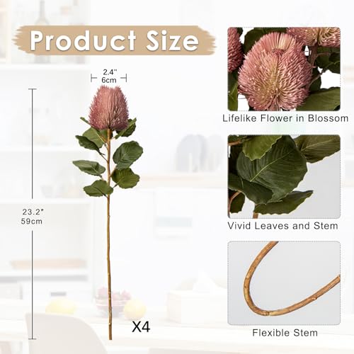 GnFlus 4Pcs Artificial Flowers Bouquets 23 Inch Fake Fall Flower Pink Long Stem Autumn Faux Banksia Flowers Floral Arrangements for Home Bedroom Table Wedding Party Boho Decor - color: Pink