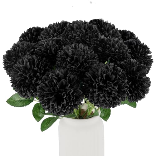 Hananona 12 Pcs Artificial Chrysanthemums Flowers Ball Flower, Fake Mums Flowers Black Silk Plants for Ghothic Home Decor Indoor Floral Arrangement Halloween Table Centerpiece (12, Black) - color: Black