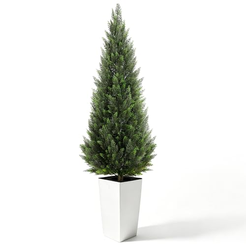6FT Tall Artificial Cedar Topiary Tree with Compact Pyramidal Shape, Realistic Faux Cypress in Square White Pot with Fillable Water Bag, Outdoor Evergreen for Front Porch Garden Home Decor - color: White-pyramid Topiary, size: 6ft-1pack