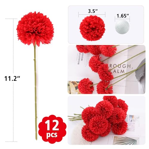 Rowfad 12 Pcs Artificial Chrysanthemums Flowers Silk Red Ball Flowers Fake Mums Flowers for Christmas Wedding Floral Table Centerpiece Home Decor (12, Red) - color: Red