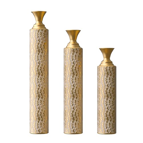 Metal Floor Vases Decorative, Set of 3 Flower Arrangement Stand, Metal Decorative Vase Tall Distressed Metallic Centerpiece Vases with Growing Vine Patterns, 34", 29", 25" H (Antique Gold1) - color: Antique Gold1