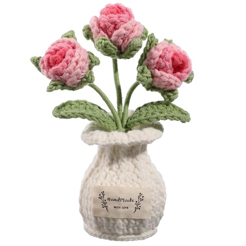Crochet Rose Flower Potted Plant – Pink, for Her, Handmade Knitted Romantic Desk Decor - color: D-rose-pink