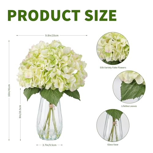 5-Piece Artificial Hydrangea Arrangement in Glass Vase - Fade-Resistant Silk Flowers with Faux Water for Table Centerpieces - color: Multi-hydrangea Stem in Vase, size: Green