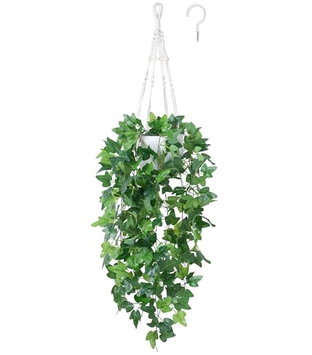 DREAMLOOM Fake Hanging Plants with Pot, Artificial Ivy Hanging Plants with Macrame Hanger for Indoor Decor, Fake Hanging Vines Faux Greenery for Home Kitchen Office - color: Ivy