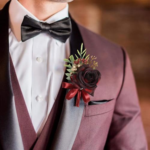 Wine Red Boutonniere for Best Man Wedding Groom Groomsmen Artificial Rose Flowers Wedding Boutonniere for Wedding Homecoming Party Prom Decoration Burgundy Rose Boutonniere - color: Burgundy Rose Boutonniere