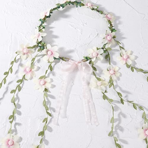 White Fairy Flower Headpiece, Bohemian Daisy Floral Headband, Handmade Forest Woodland Vine Flower Crown for Women Bridal Wedding Renaissance Party Cosplay Costume Hair Accessories - color: White