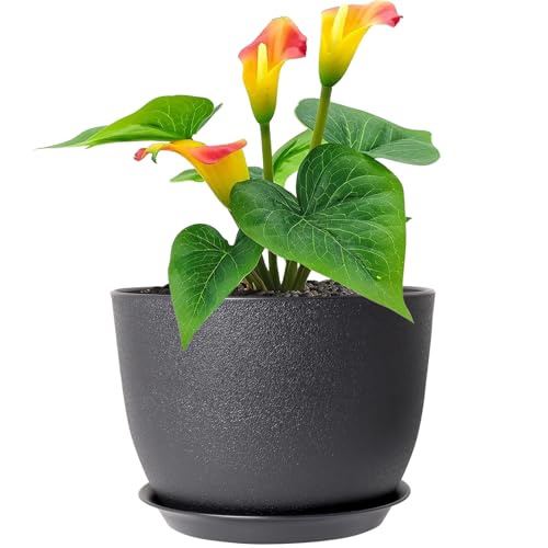 Meowell 12 inch Large Plant Pots, Plastic Planters with Drainage Holes and Saucers, Flower Pots for Indoor Outdoor Plants, Modern Decorative Pots for Garden House Plants, Black - color: Black, size: 12inch C